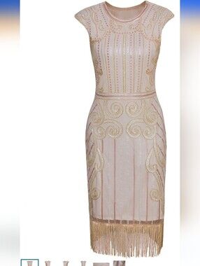 Vijiv 1920s Vintage Inspired Sequin Embellished Fringe Long Gatsby Flapper Dress